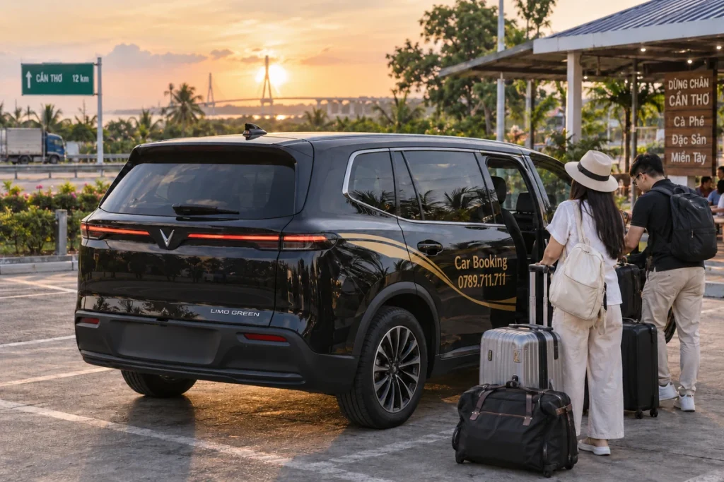 Black Car Booking vehicle with travelers and luggage at a riverside pickup point.