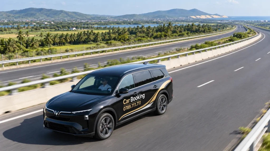 cao tốc TP.HCM – Phan Thiết – ảnh minh họa xe Limo Green đen chạy trên đường cao tốc hướng Phan Thiết.