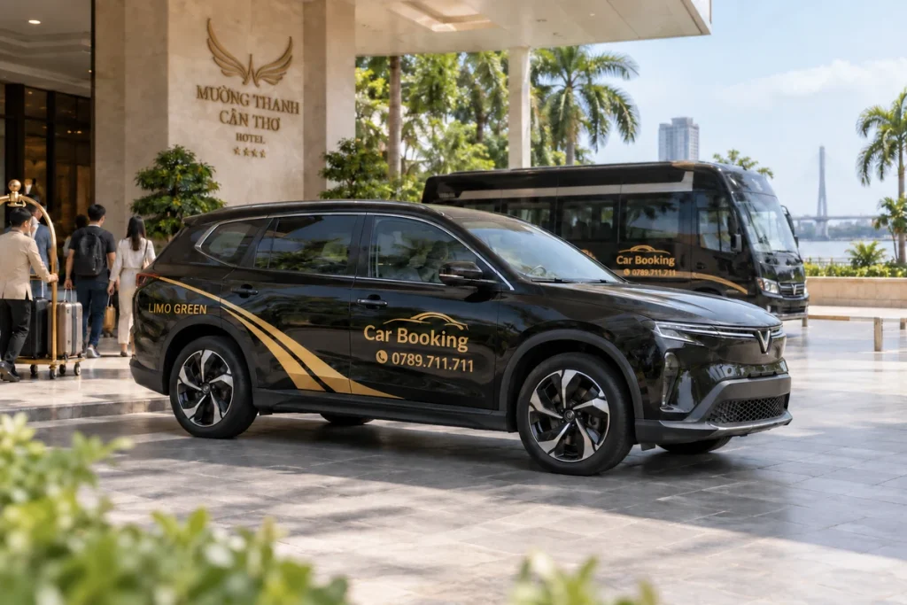 Black Car Booking vehicle in the foreground of a hotel passenger pickup area.