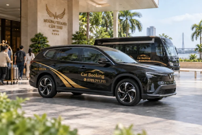 Black Car Booking vehicle in the foreground of a hotel passenger pickup area.