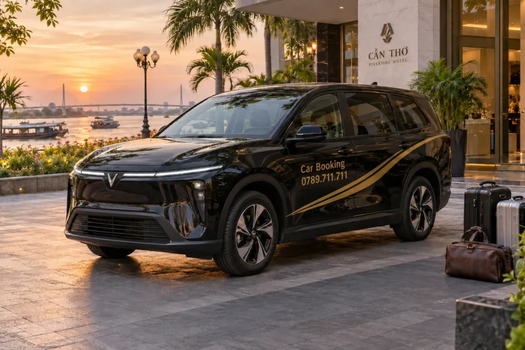 Xe Car Booking màu đen trước khách sạn ven sông, cạnh hành lý của khách.