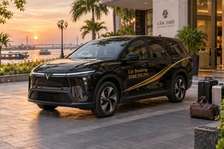 Xe Car Booking màu đen trước khách sạn ven sông, cạnh hành lý của khách.