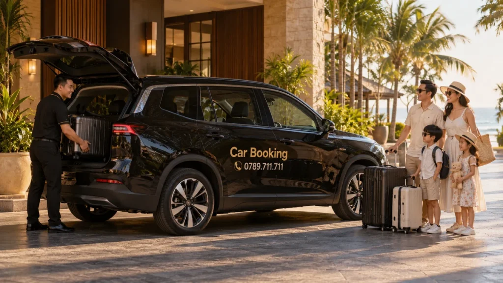 chi phí di chuyển TP.HCM – Phan Thiết – ảnh minh họa gia đình cùng hành lý và xe Car Booking đen trước nơi nghỉ.