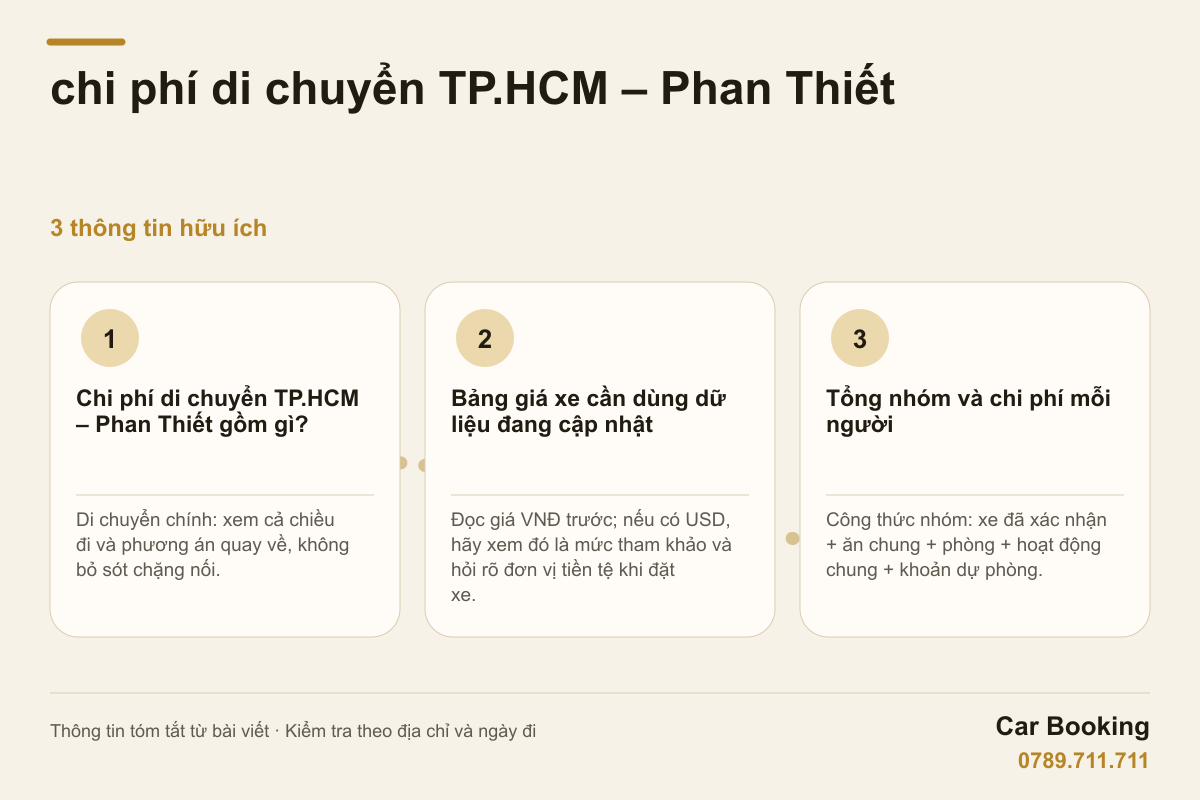 Đồ họa: chi phí di chuyển TP.HCM – Phan Thiết — Di chuyển chính: xem cả chiều đi và phương án quay về, không bỏ sót chặng nối.