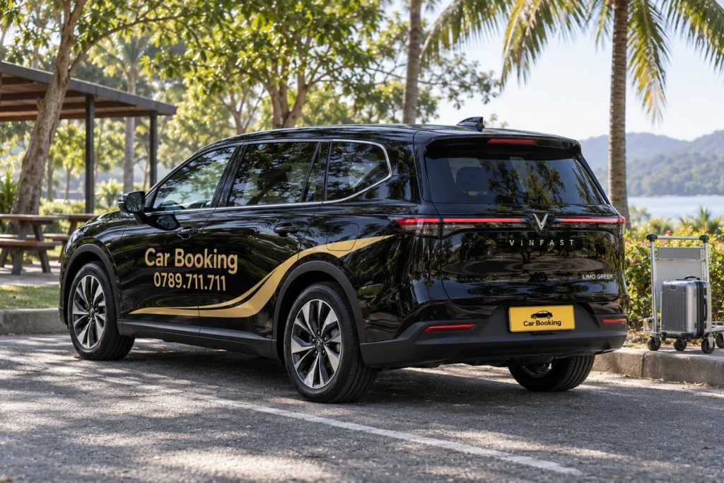 Xe Limo Green Car Booking đỗ dưới hàng cọ ở điểm nghỉ, nhìn từ phía sau bên cạnh hành lý.