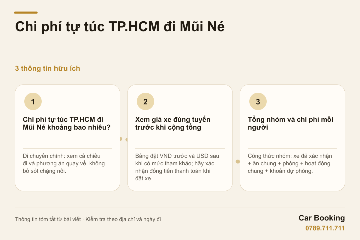 Đồ họa: Chi phí tự túc TP.HCM đi Mũi Né — Di chuyển chính: xem cả chiều đi và phương án quay về, không bỏ sót chặng nối.
