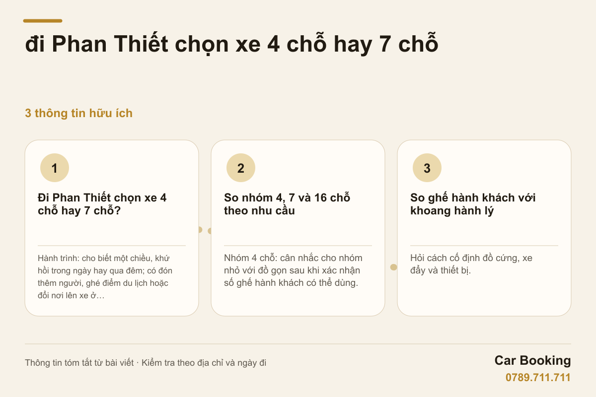 Đồ họa: đi Phan Thiết chọn xe 4 chỗ hay 7 chỗ — Hành trình: cho biết một chiều, khứ hồi trong ngày hay qua đêm; có đón thêm người, ghé điểm du lịch hoặc đổi nơi lên xe ở…
