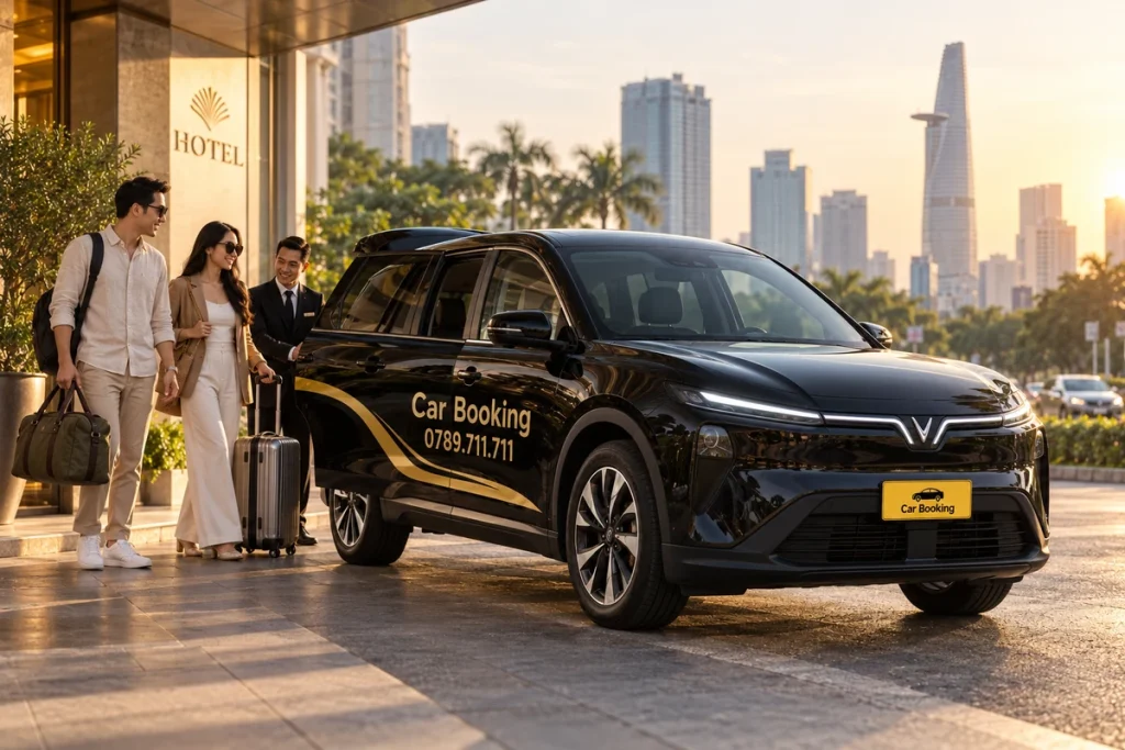 Xe Limo Green Car Booking đón hai khách cùng hành lý tại khách sạn ở TP.HCM lúc bình minh.
