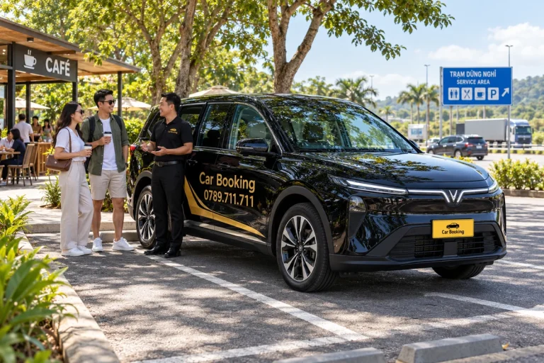 Tài xế và hai khách trao đổi cạnh xe Car Booking tại điểm dừng có quán cà phê.