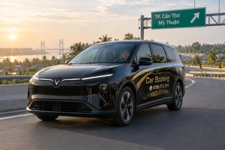 Xe Car Booking màu đen tại lối vào đường lớn hướng về Cần Thơ.