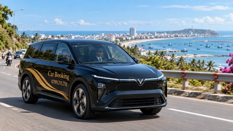 đường đi từ TP.HCM đến Phan Thiết – ảnh minh họa xe Car Booking đen trên con đường ven biển ở Phan Thiết.