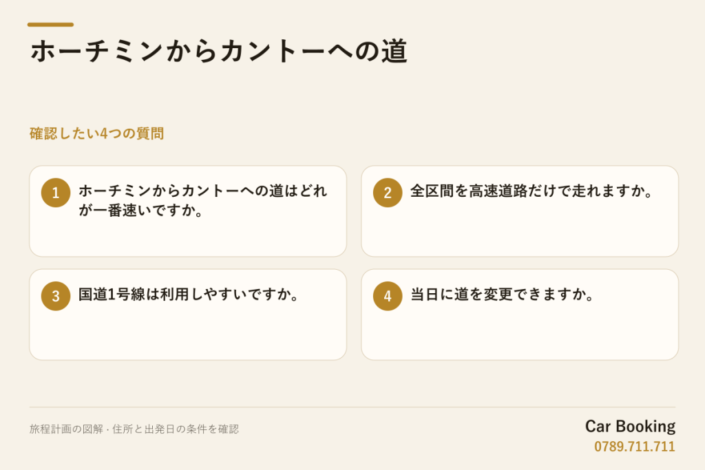 図解: ホーチミンからカントーへの道 — ホーチミンからカントーへの道はどれが一番速いですか。 · 全区間を高速道路だけで走れますか。 · 国道1号線は利用しやすいですか。 · 当日に道を変更できますか。