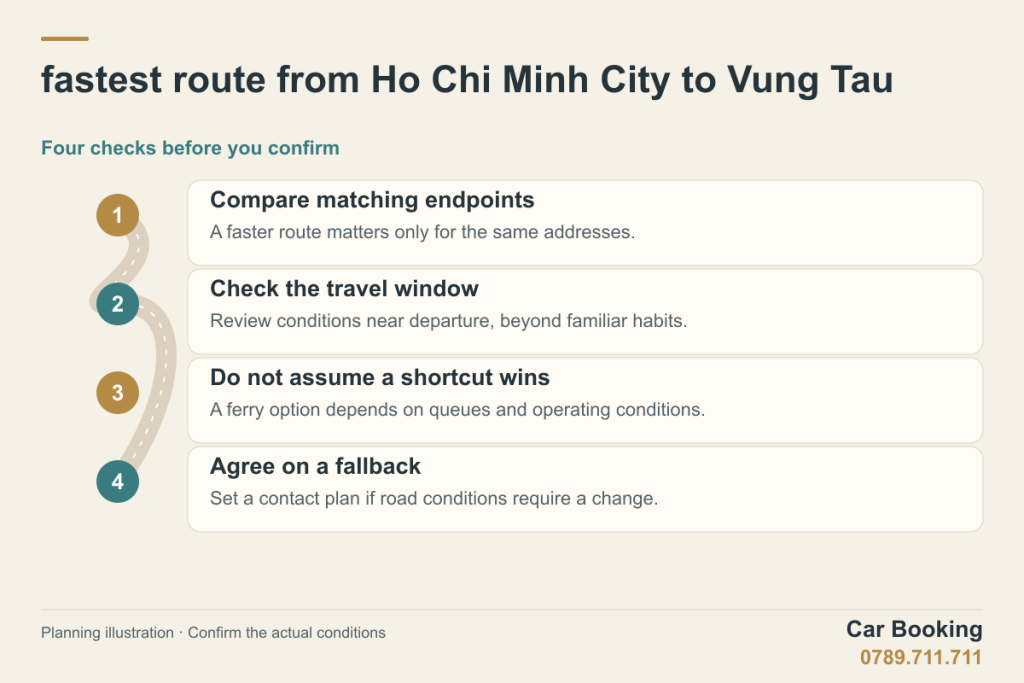 Illustrated guide: fastest route from Ho Chi Minh City to Vung Tau — Compare matching endpoints; Check the travel window; Do not assume a shortcut wins; Agree on a fallback.