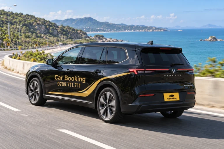海沿いのカーブを進む黒いCar BookingのLimo Greenを後方から見た場面。