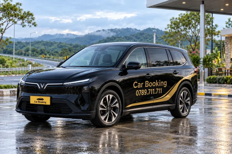 雨后道路旁的黑色Car Booking Limo Green，远处可见弯道和青山。