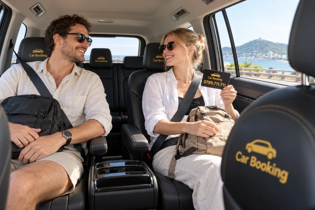 An adult foreign man and woman wearing seatbelts inside a Car Booking vehicle cabin.