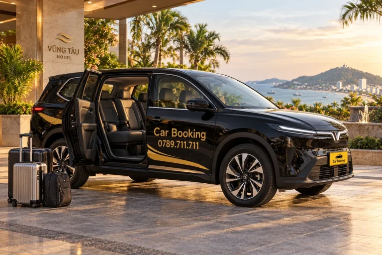 ホテル前で後部ドアを開き座席と荷物を見せる黒いCar BookingのLimo Green。