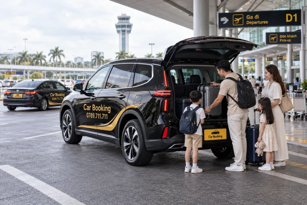 机场接送区里一家人把行李放进黑色Car Booking Limo Green的后备箱。