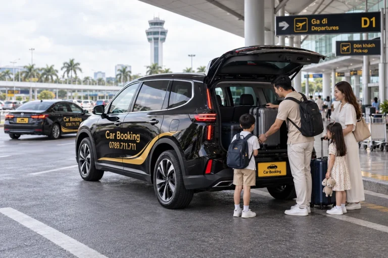 机场接送区里一家人把行李放进黑色Car Booking Limo Green的后备箱。