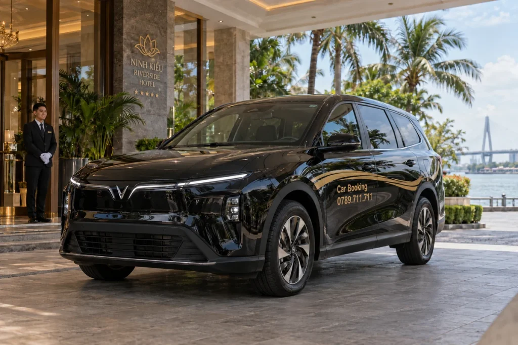 Xe Car Booking màu đen tại khu đón khách có mái che của khách sạn.