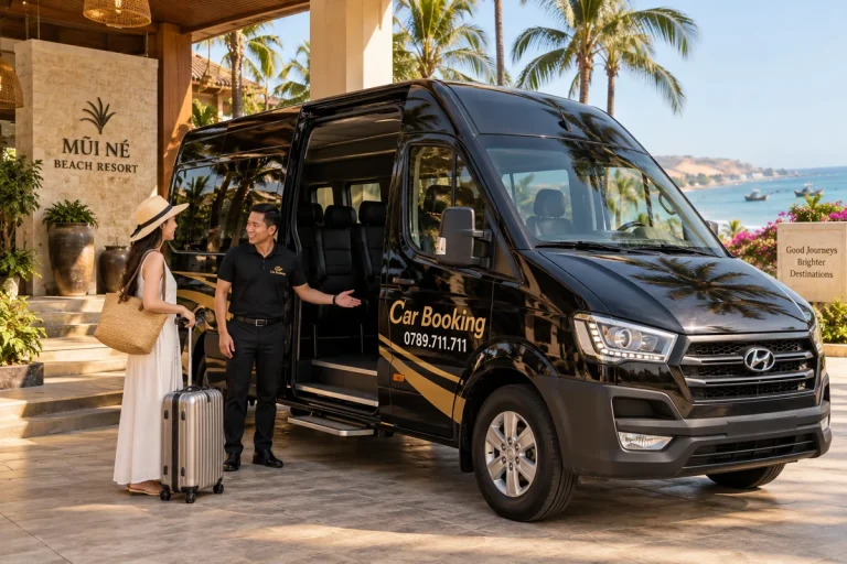 Giá thuê xe TP.HCM đi Mũi Né: Gia đình mang vali lên xe Hyundai Solati 16 chỗ màu đen của Car Booking tại lối vào nơi nghỉ.