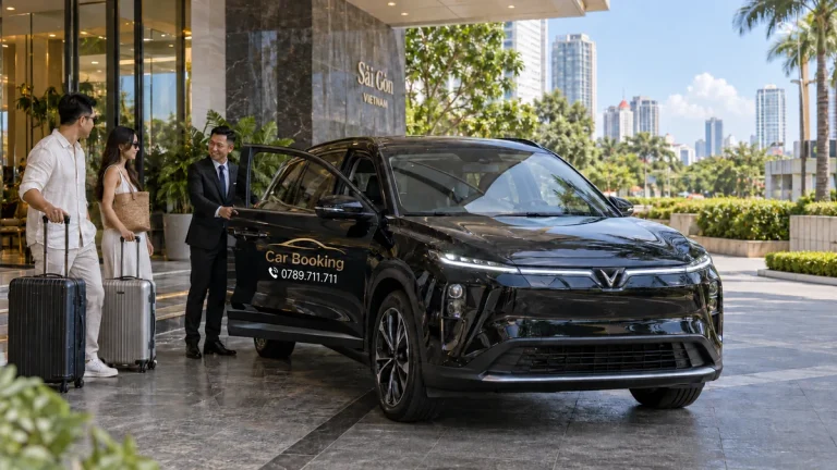 giá thuê xe TP.HCM đi Phan Thiết – ảnh minh họa khách chuẩn bị lên xe Car Booking đen trước khách sạn.