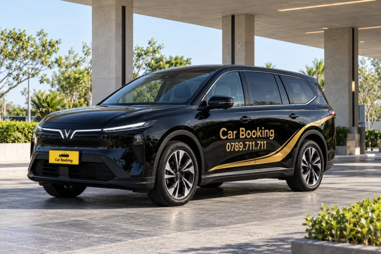 Góc trước xe Limo Green màu đen Car Booking tại khu đón khách có mái che.