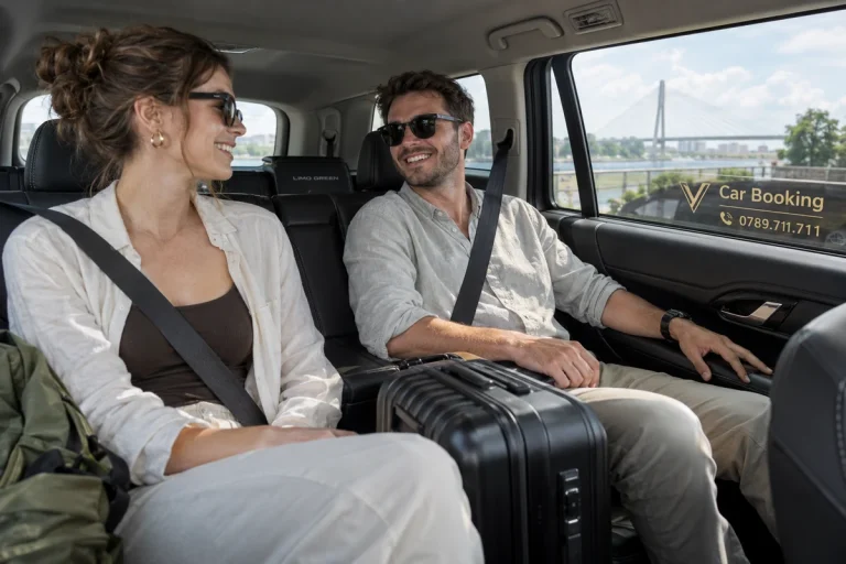 Car Booking车厢内两位系安全带的成年外国旅客，一男一女。