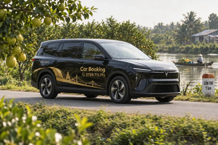 カントー周辺の果樹園と水路のそばを走る黒いCar Bookingの車。