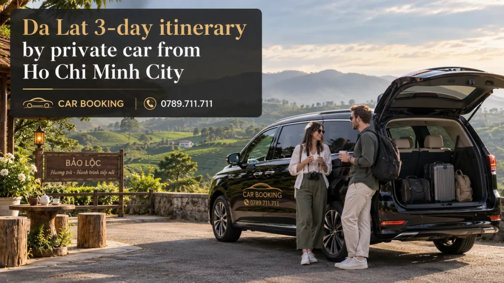 Da Lat 3-day itinerary — article title on an illustration of a Car Booking vehicle and travellers