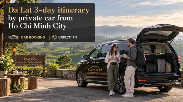 Da Lat 3-day itinerary — article title on an illustration of a Car Booking vehicle and travellers