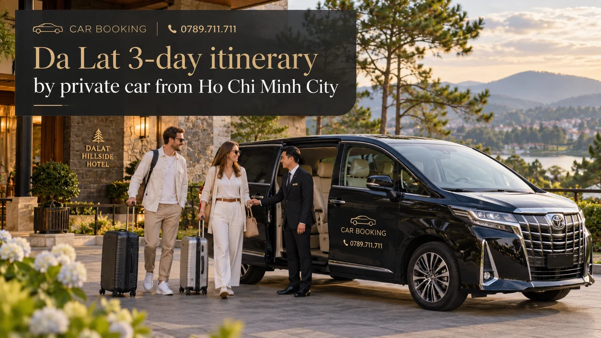 Da Lat 3-day itinerary — article title on a separate illustration of a private car journey with travellers