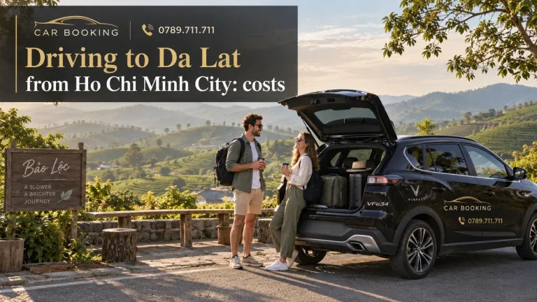 driving to Da Lat — article title on an illustration of a Car Booking vehicle and travellers