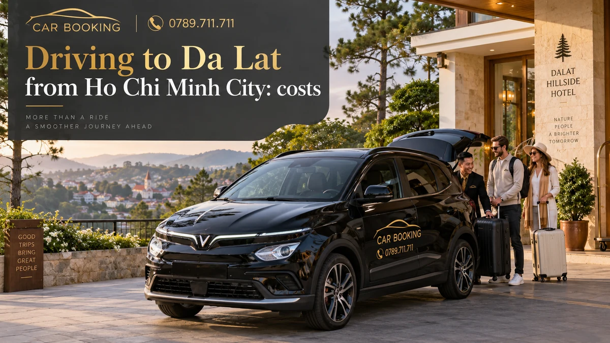 driving to Da Lat — article title on a separate illustration of a private car journey with travellers