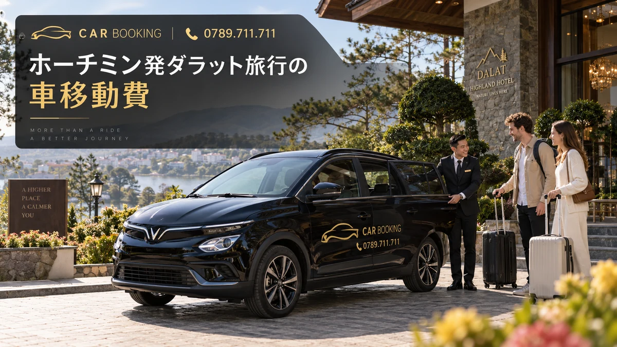 ダラット旅行の車移動費：記事タイトル入り、Car Bookingの車と旅行者のイメージ