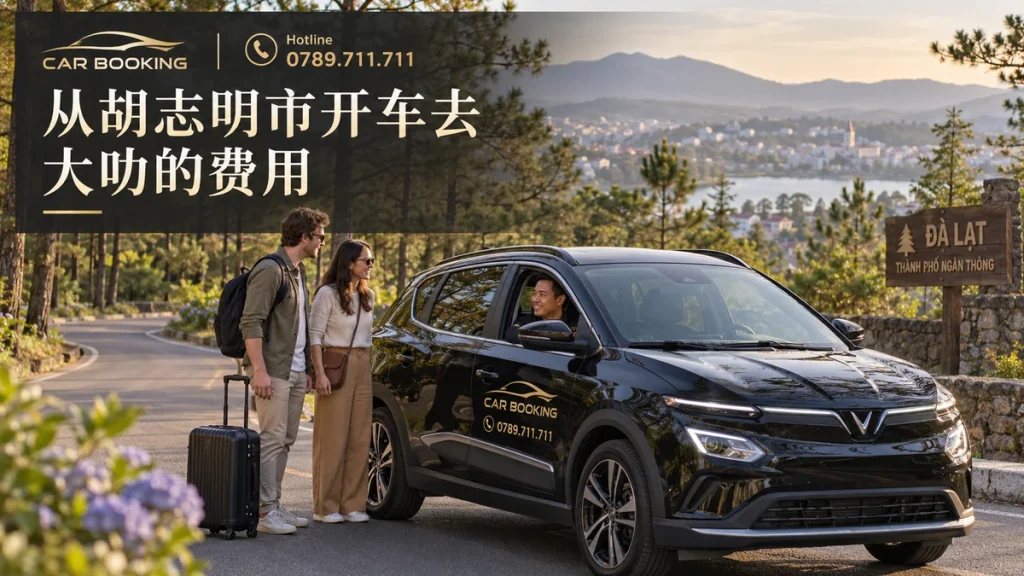 开车去大叻的费用：文章标题设计，Car Booking车辆与旅客示意图