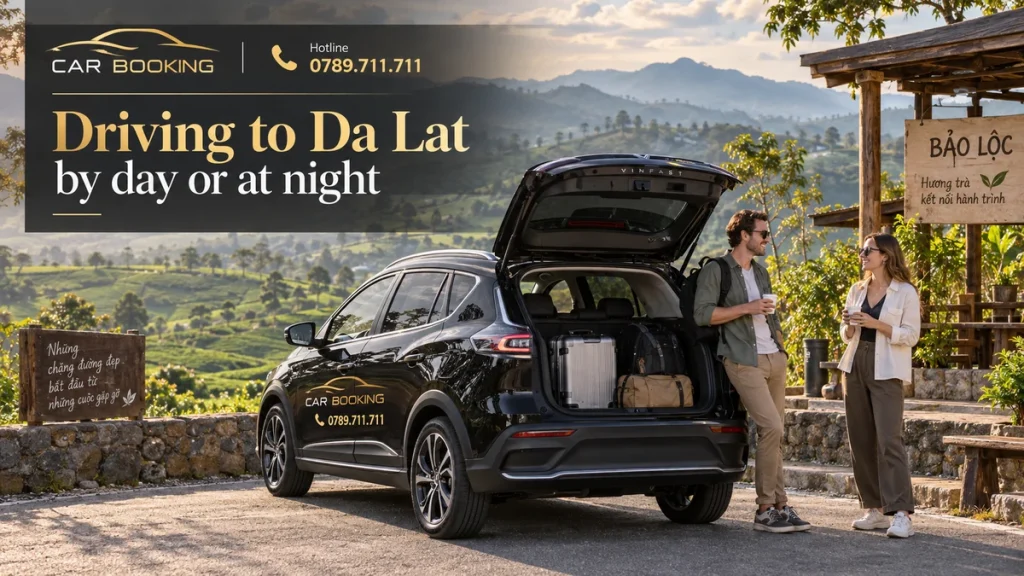 driving to Da Lat by day — article title on an illustration of a Car Booking vehicle and travellers