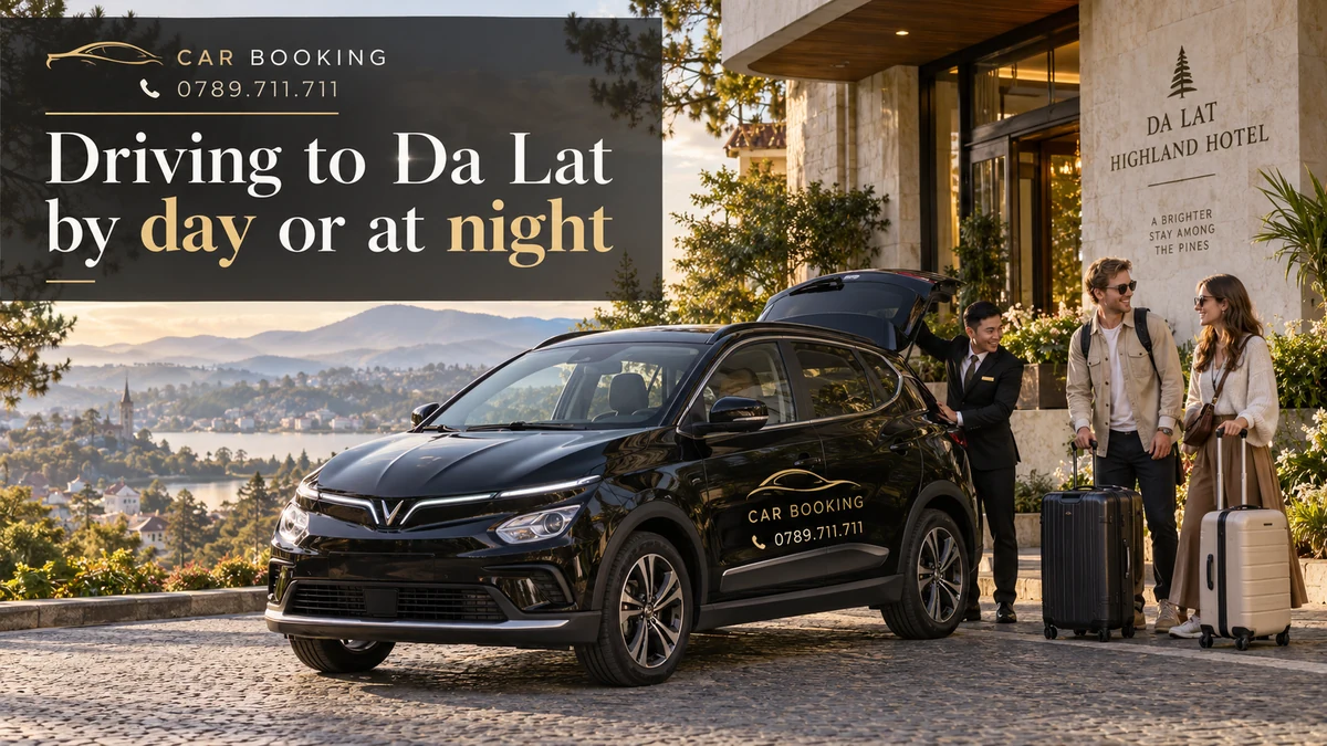 driving to Da Lat by day — article title on a separate illustration of a private car journey with travellers