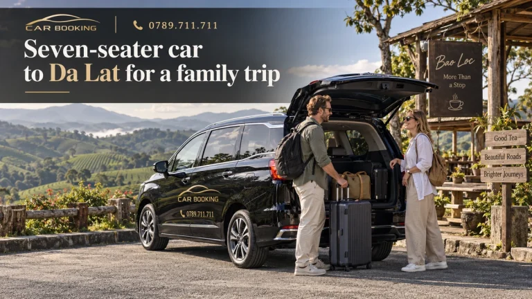 seven-seater car to Da Lat — article title on an illustration of a Car Booking vehicle and travellers