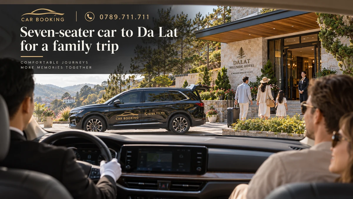 seven-seater car to Da Lat — article title on a separate illustration of a private car journey with travellers