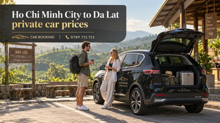Ho Chi Minh City to Da Lat private car prices — article title on an illustration of a Car Booking vehicle and travellers