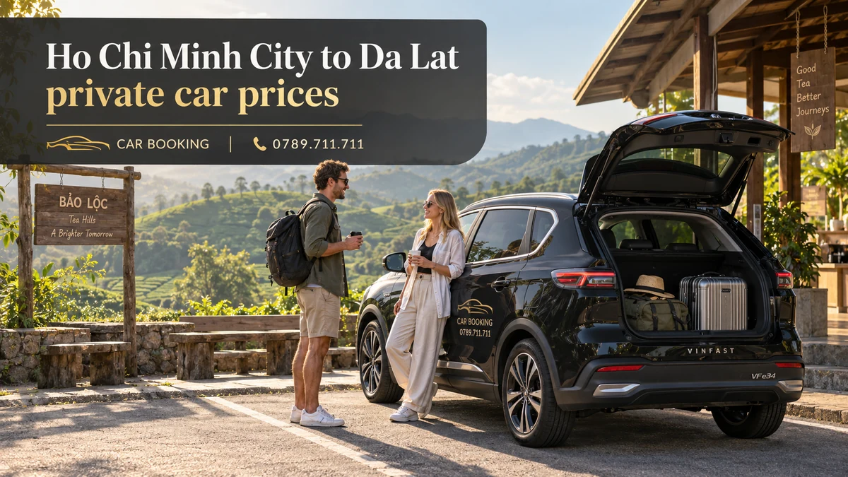 Ho Chi Minh City to Da Lat private car prices — article title on an illustration of a Car Booking vehicle and travellers