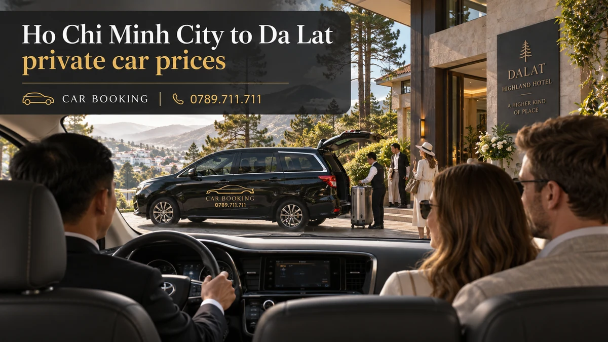 Ho Chi Minh City to Da Lat private car prices — article title on a separate illustration of a private car journey with travellers
