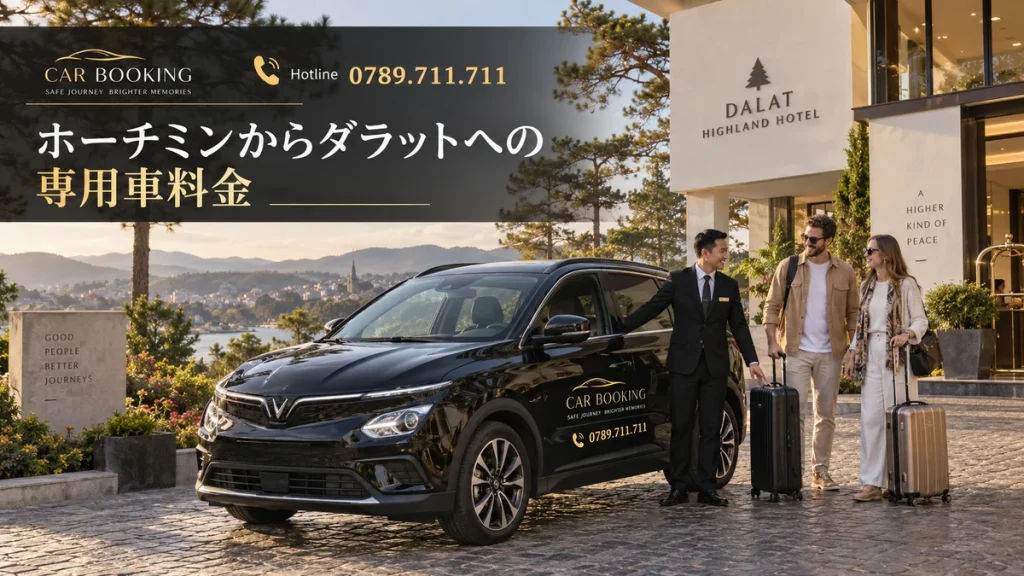ホーチミンからダラットへの専用車料金：記事タイトル入り、Car Bookingの車と旅行者のイメージ