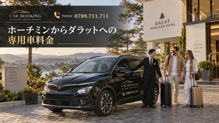 ホーチミンからダラットへの専用車料金：記事タイトル入り、Car Bookingの車と旅行者のイメージ