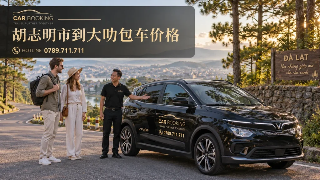 胡志明市到大叻包车价格：文章标题设计，Car Booking车辆与旅客示意图