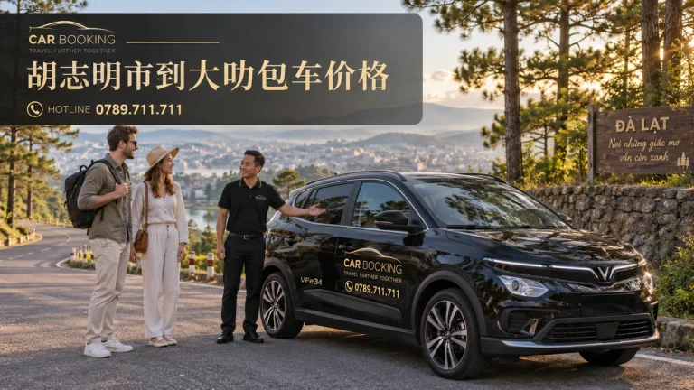 胡志明市到大叻包车价格：文章标题设计，Car Booking车辆与旅客示意图