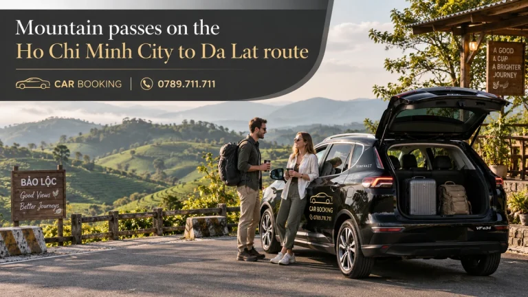 Ho Chi Minh City to Da Lat route — article title on an illustration of a Car Booking vehicle and travellers