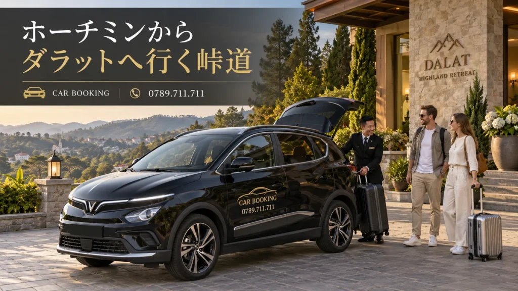 ダラットへ行く峠道：記事タイトル入り、Car Bookingの車と旅行者のイメージ