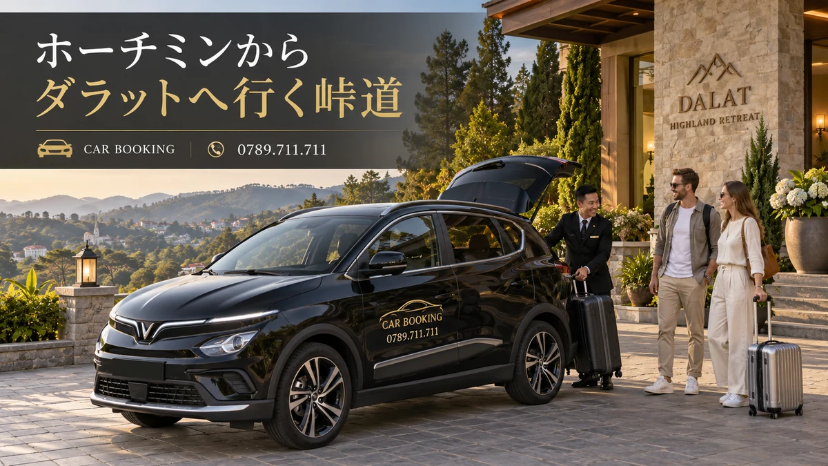 ダラットへ行く峠道：記事タイトル入り、Car Bookingの車と旅行者のイメージ
